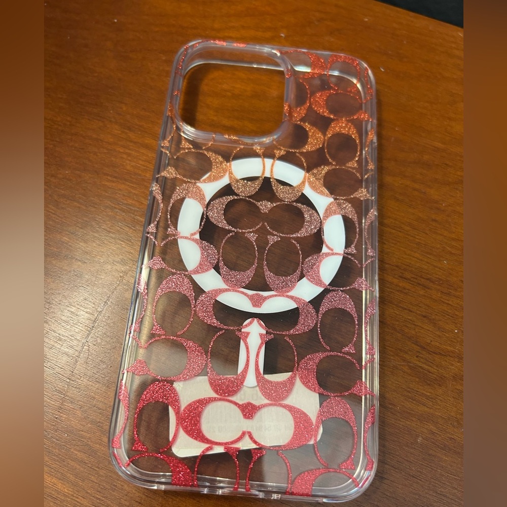 Coach iPhone 15 Pro Max Case Pink Ombre Glitter Signature Pattern NWT no box - Picture 3 of 7